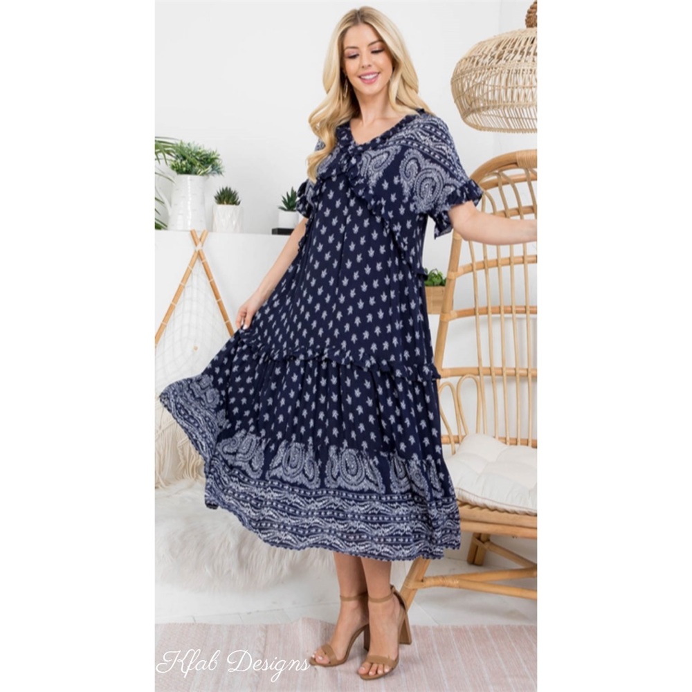 ❤️LAST 1! Navy Paisley Border Print Fully Lined Midi Pocket Dress! - Picture 2 of 6